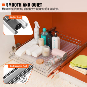 Pull-Out Cabinet Organizer | 34x53cm Heavy Duty Chrome Sliding Shelf | Pantry & Under-Sink Storage Drawer