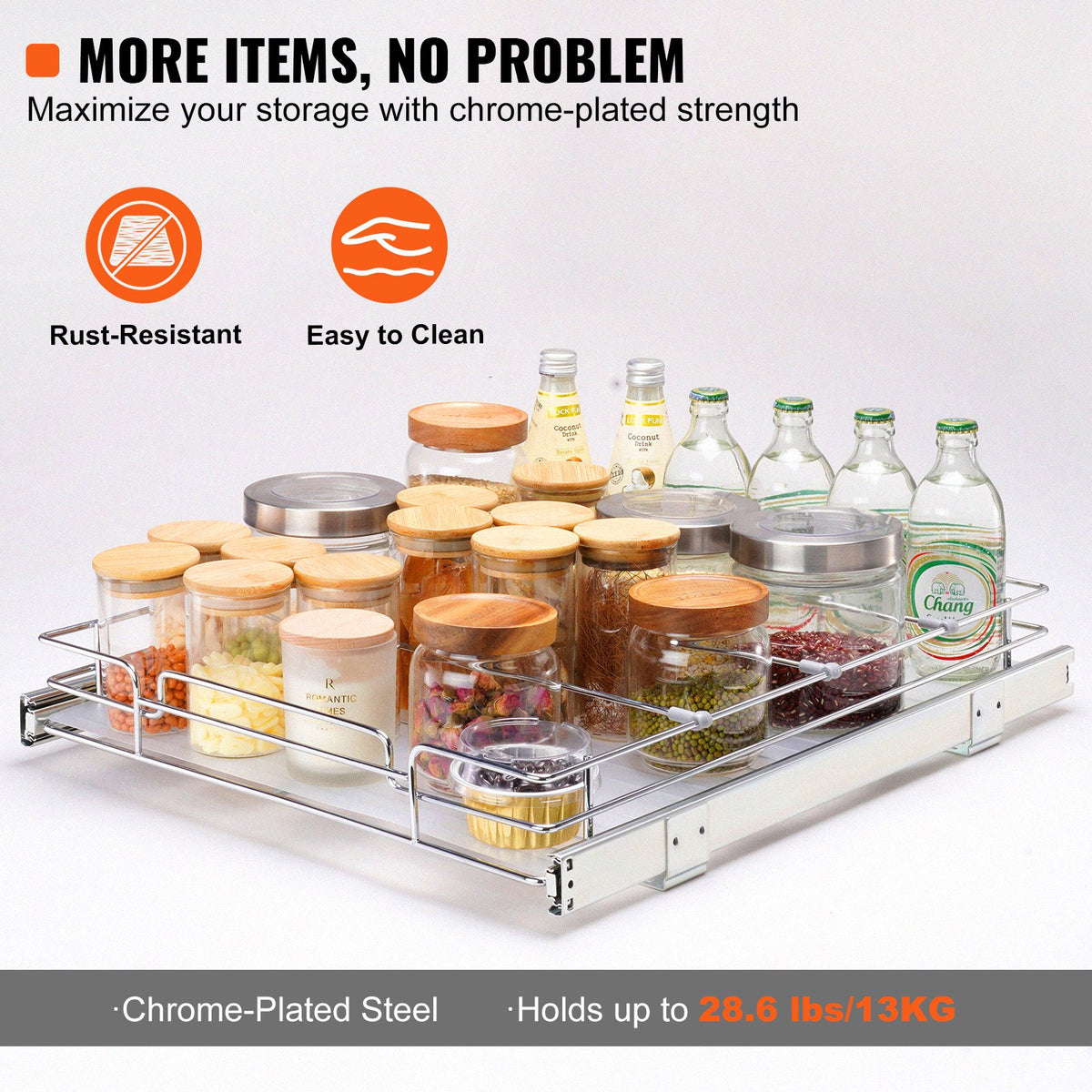 Pull-Out Cabinet Organizer | 34x53cm Heavy Duty Chrome Sliding Shelf | Pantry & Under-Sink Storage Drawer