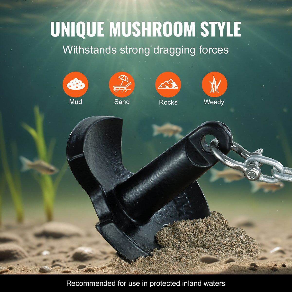 River Anchor 12lbs | Cast Iron Vinyl-Coated Mushroom Anchor with Shackle | For Boats up to 10ft