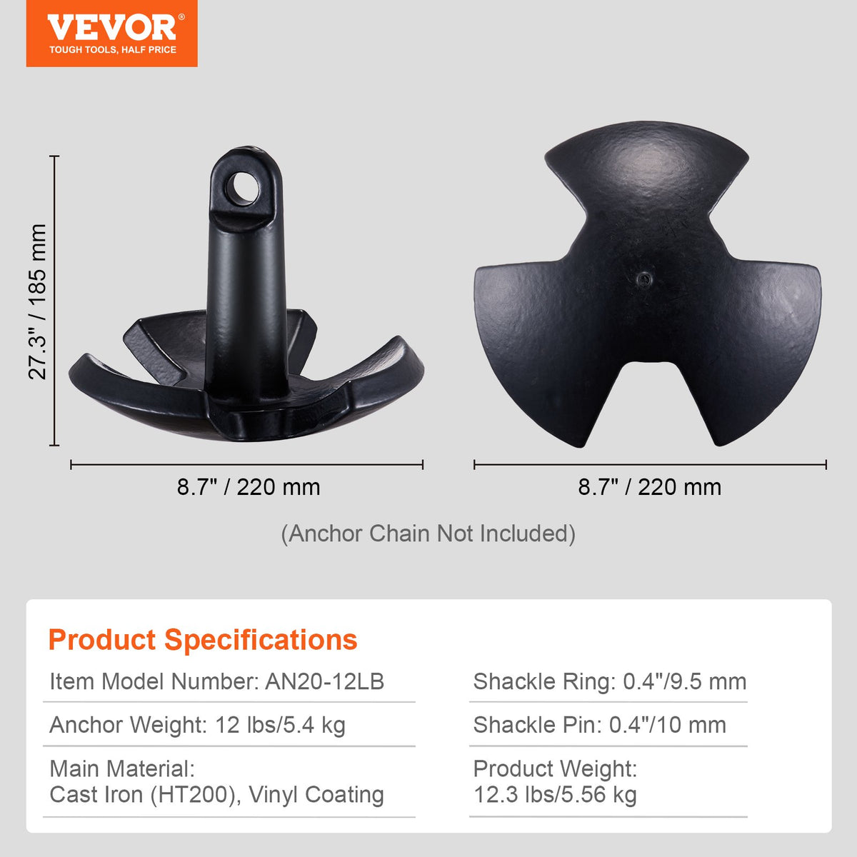 River Anchor 12lbs | Cast Iron Vinyl-Coated Mushroom Anchor with Shackle | For Boats up to 10ft