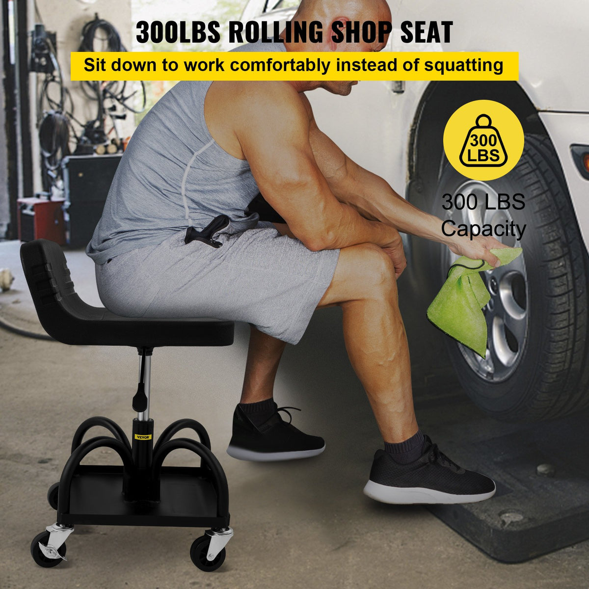 Garage Stool | Rolling Adjustable Mechanic Seat with Casters | 300LBS