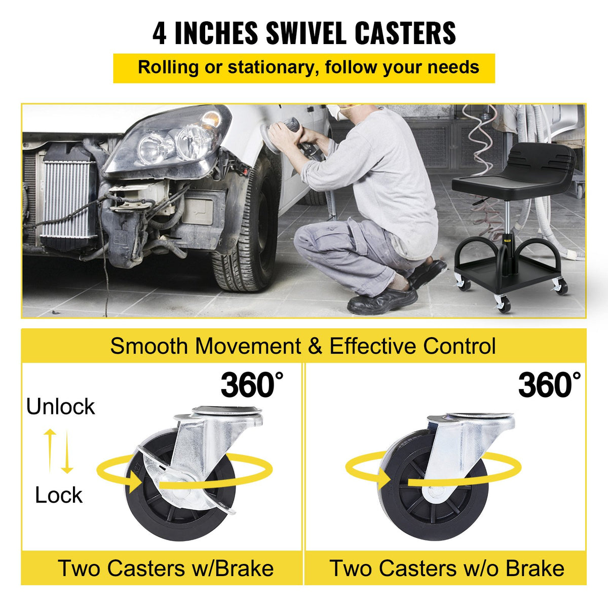 Garage Stool | Rolling Adjustable Mechanic Seat with Casters | 300LBS