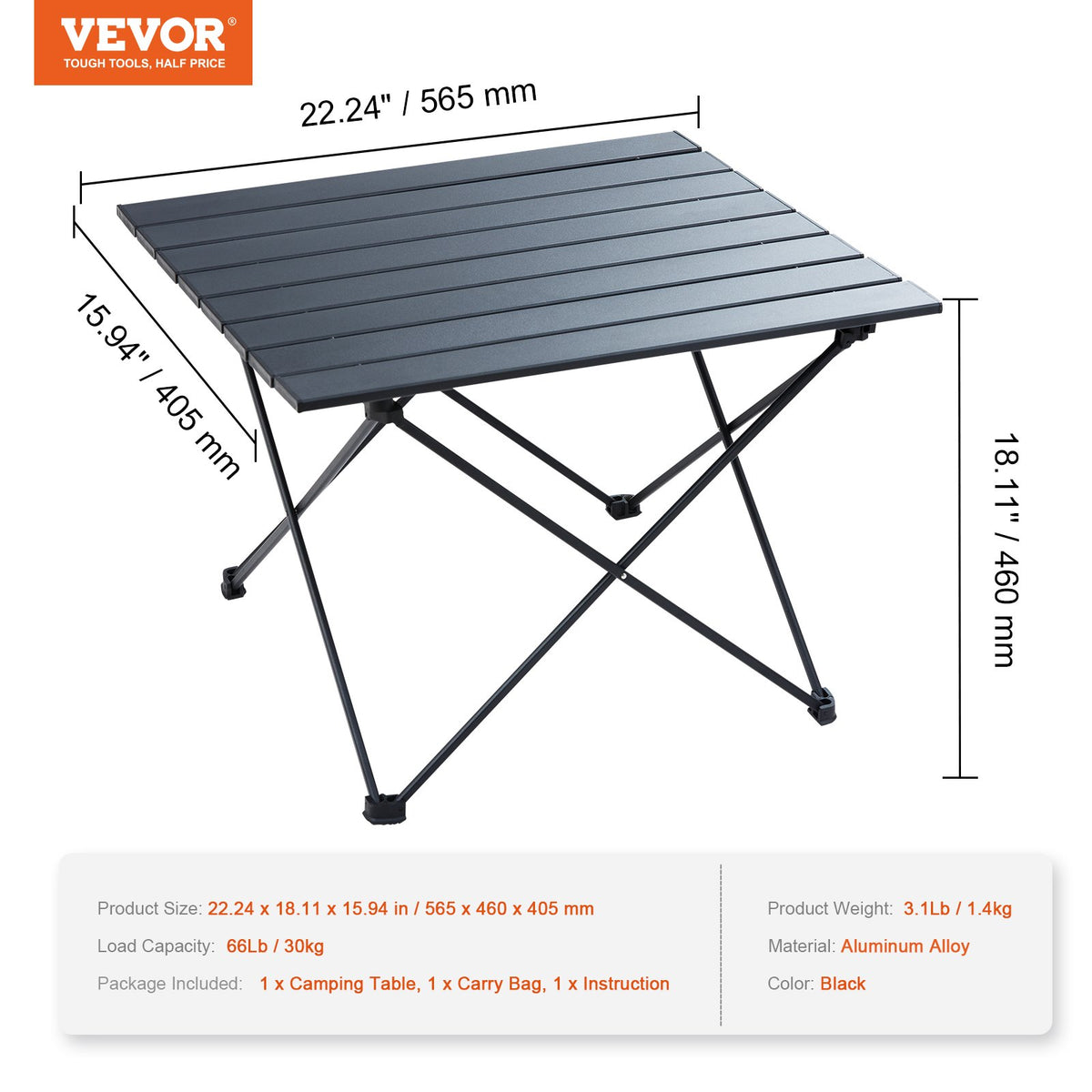 Folding Camping Table 22.2"x15.9" | Lightweight Aluminium Outdoor Table with Carry Bag | Compact Side Table for Cooking, Beach & Picnic | Black