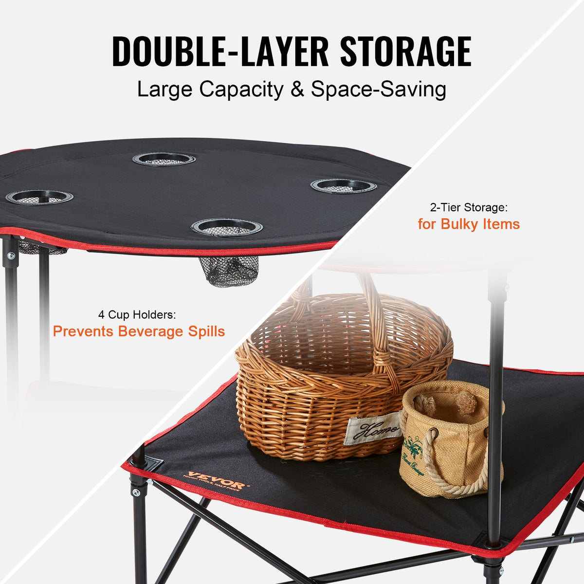 Folding Camping Table | Lightweight Portable Table with Storage & Bag | Oxford Fabric & Steel Frame | 28.3"x24" | For Beach & Picnic