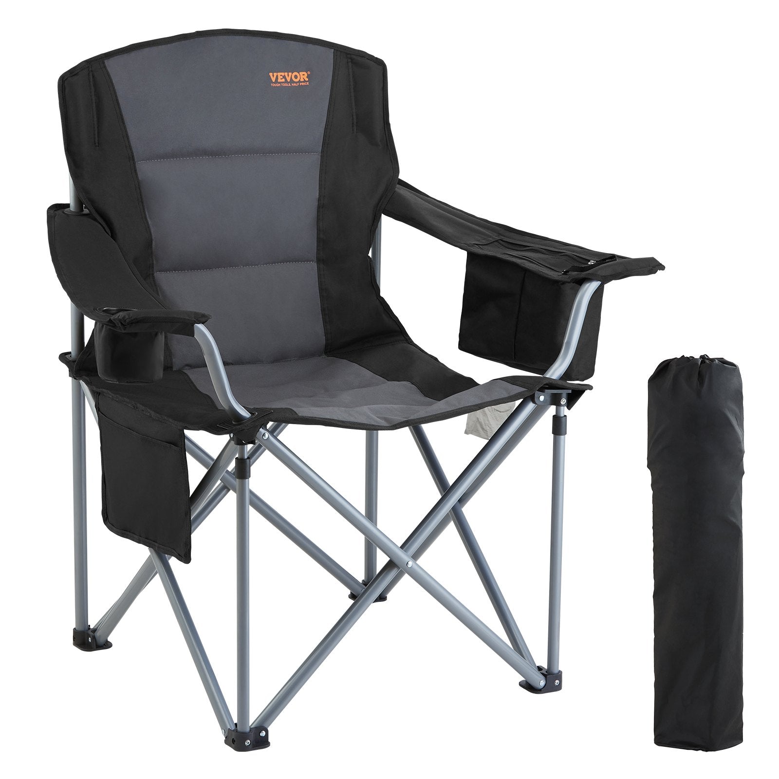Folding Camping Chair | Heavy Duty Outdoor Seat with Cooler & Cup Holder | Black