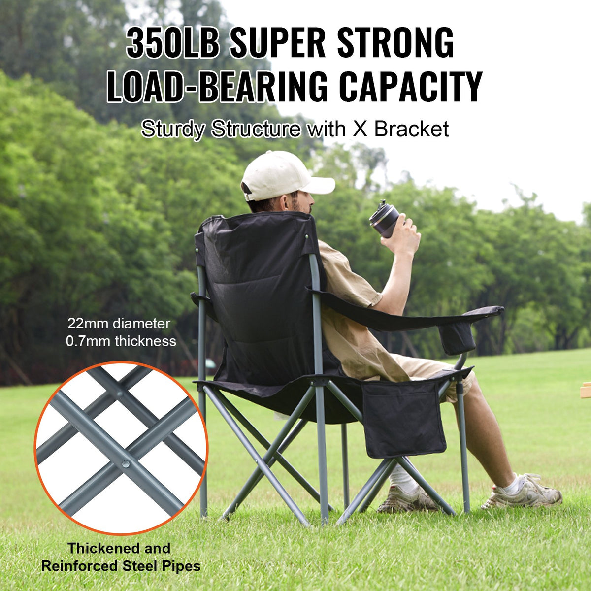 Folding Camping Chair | Heavy Duty Outdoor Seat with Cooler & Cup Holder | Black