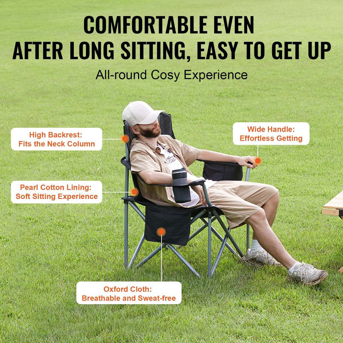 Folding Camping Chair | Heavy Duty Outdoor Seat with Cooler & Cup Holder | Black