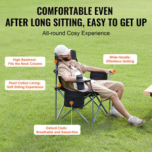 Folding Camping Chair | Heavy Duty Outdoor Seat with Cooler & Cup Holder | Black