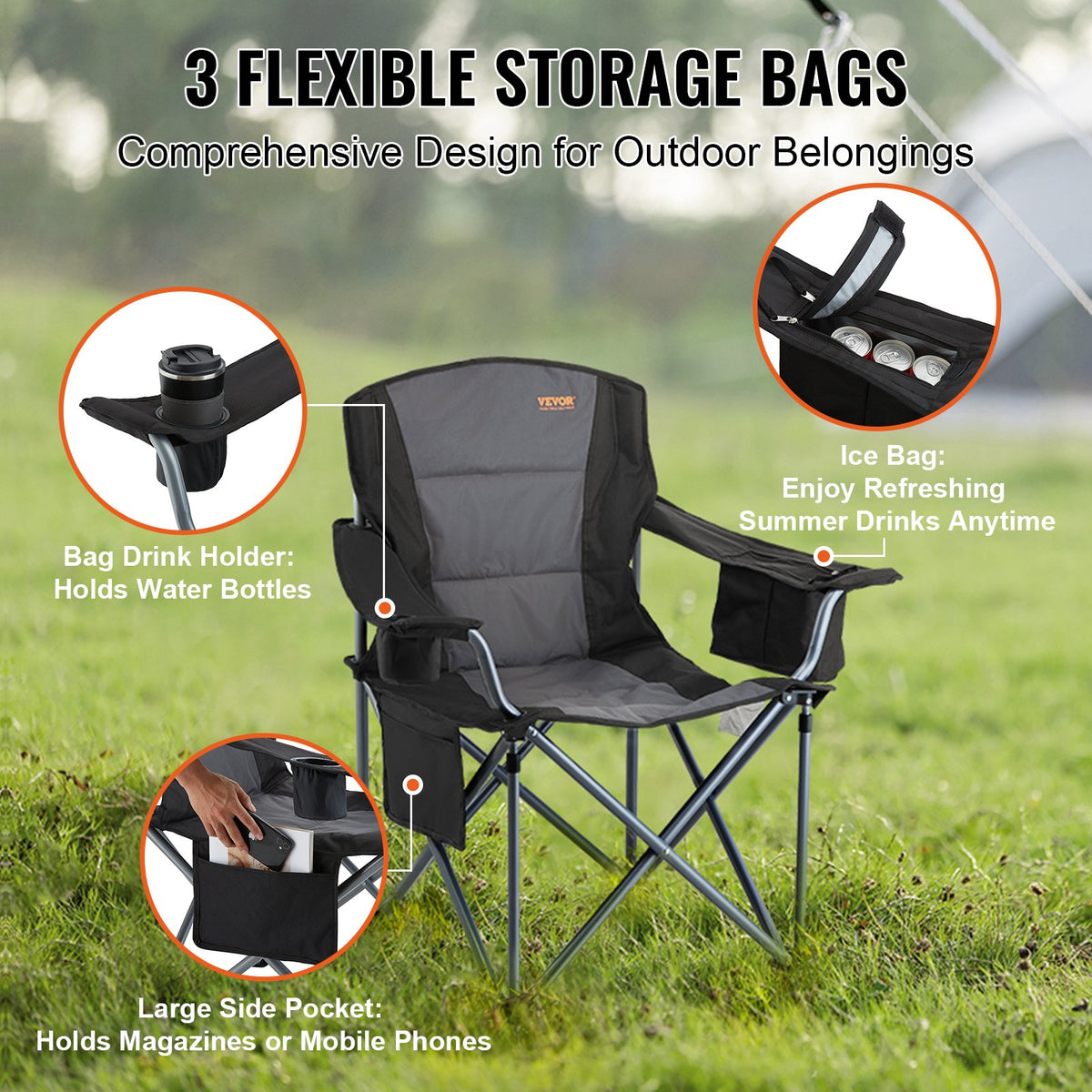 Folding Camping Chair | Heavy Duty Outdoor Seat with Cooler & Cup Holder | Black