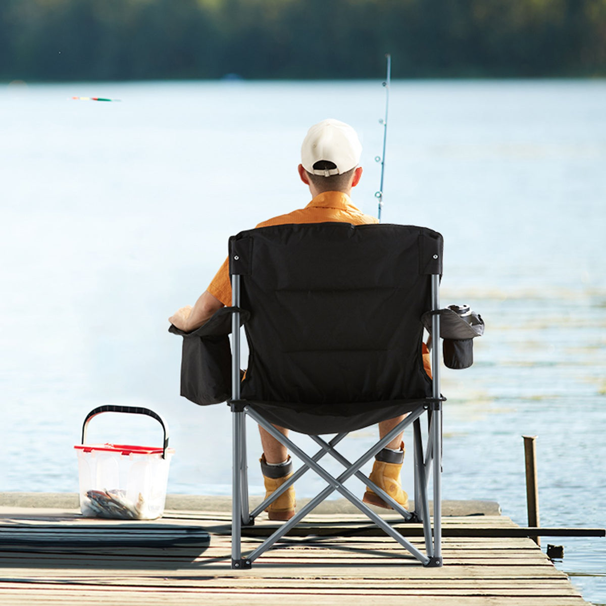 Folding Camping Chair | Heavy Duty Outdoor Seat with Cooler & Cup Holder | Black