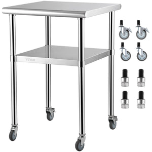 Stainless Steel Prep Table 61x61x91.4cm | 600lbs Capacity | Adjustable Undershelf & Wheels | Commercial Kitchen Workstation