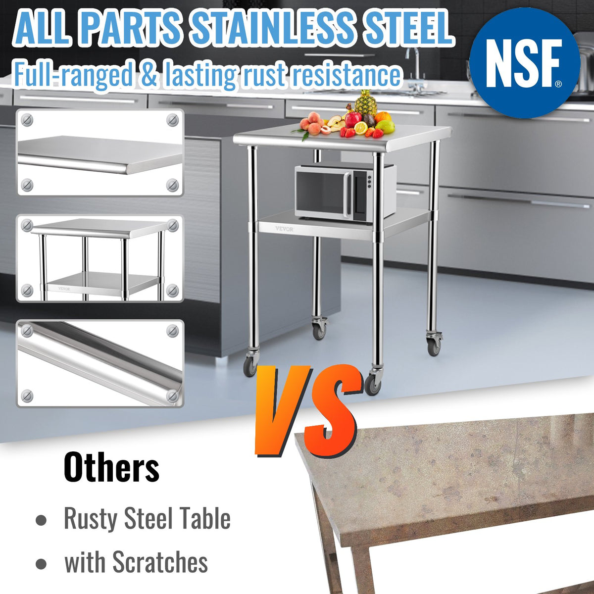 Stainless Steel Prep Table 61x61x91.4cm | 600lbs Capacity | Adjustable Undershelf & Wheels | Commercial Kitchen Workstation
