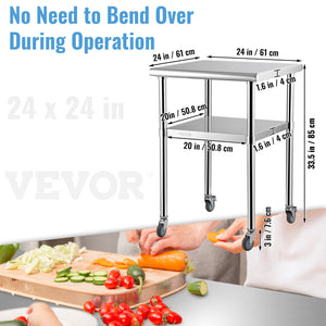 Stainless Steel Prep Table 61x61x91.4cm | 600lbs Capacity | Adjustable Undershelf & Wheels | Commercial Kitchen Workstation