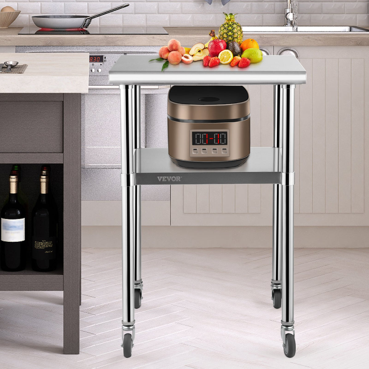 Stainless Steel Prep Table 61x61x91.4cm | 600lbs Capacity | Adjustable Undershelf & Wheels | Commercial Kitchen Workstation