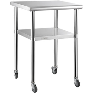 Stainless Steel Prep Table 61x61x91.4cm | 600lbs Capacity | Adjustable Undershelf & Wheels | Commercial Kitchen Workstation