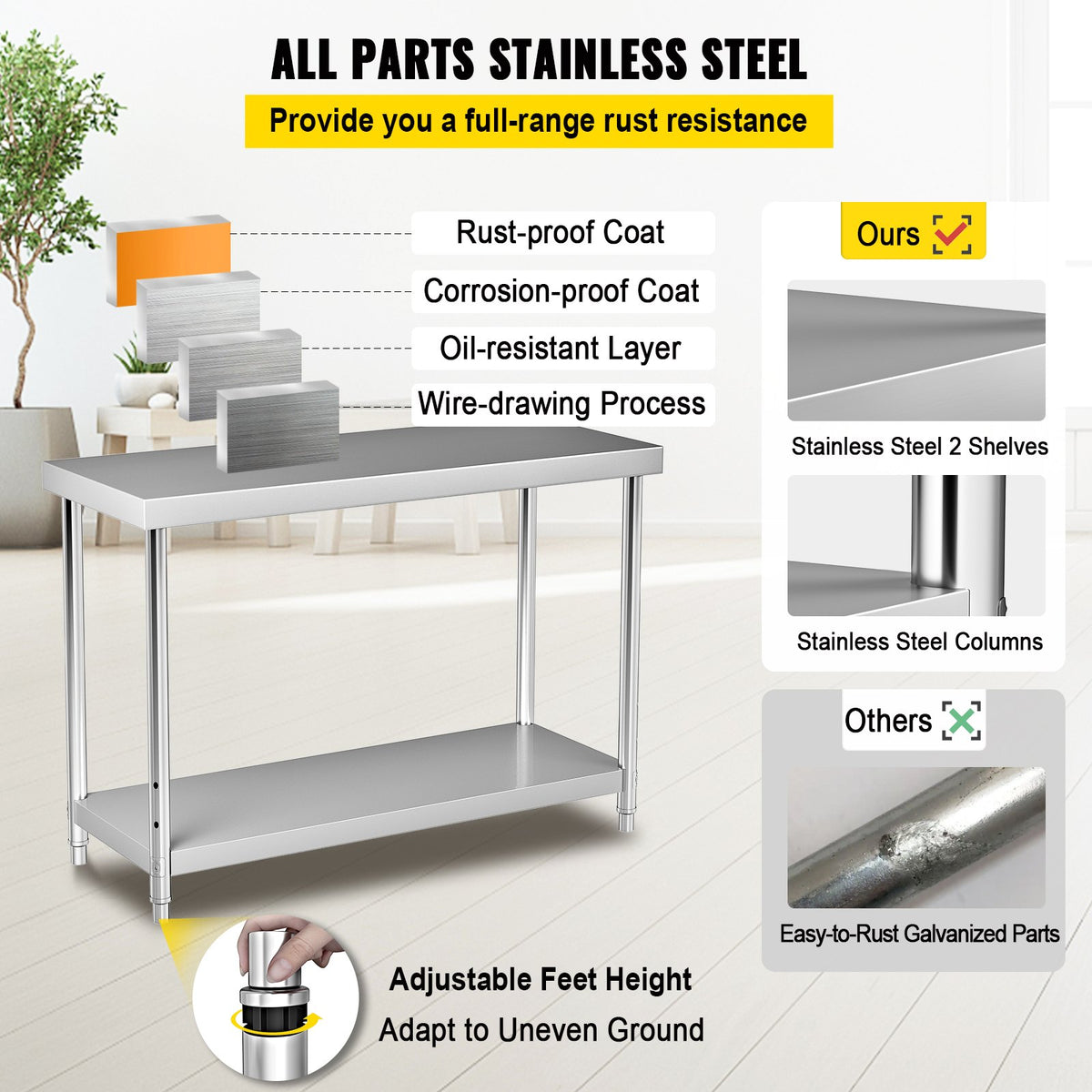 Stainless Steel Prep Table | 122x46x86cm Heavy Duty 250kg Load | Adjustable Undershelf Commercial Kitchen Workbench