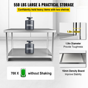 Stainless Steel Prep Table | 122x46x86cm Heavy Duty 250kg Load | Adjustable Undershelf Commercial Kitchen Workbench