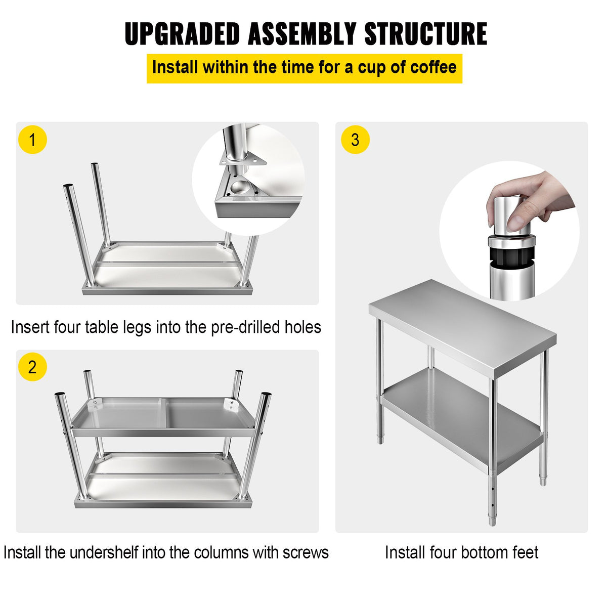 Stainless Steel Prep Table | 122x46x86cm Heavy Duty 250kg Load | Adjustable Undershelf Commercial Kitchen Workbench