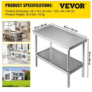Stainless Steel Prep Table | 122x46x86cm Heavy Duty 250kg Load | Adjustable Undershelf Commercial Kitchen Workbench