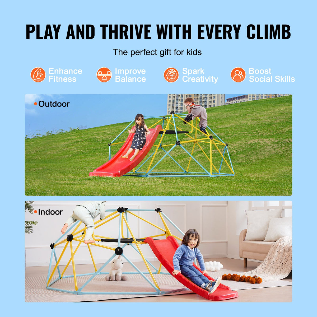 Climbing Dome with Slide | 8ft Geometric Jungle Gym for Kids 3–9 | 600lb Capacity Outdoor/Indoor Play Structure