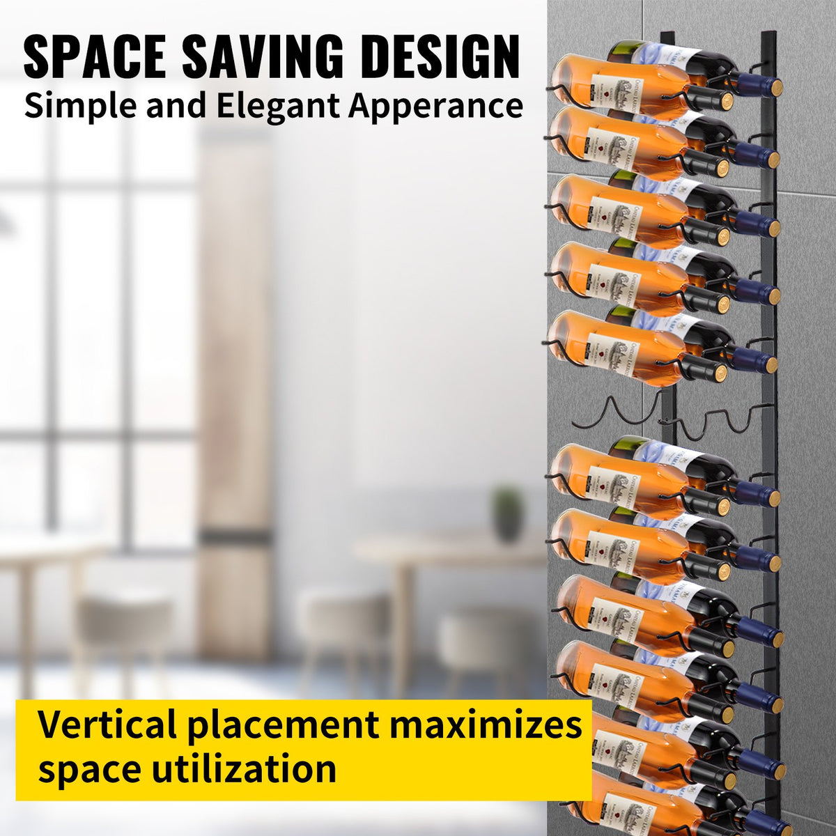 Wall Mounted Wine Rack | Holds 24 Bottles | Black Steel Vertical Display with Forward Storage Design | 48"x11"x1"