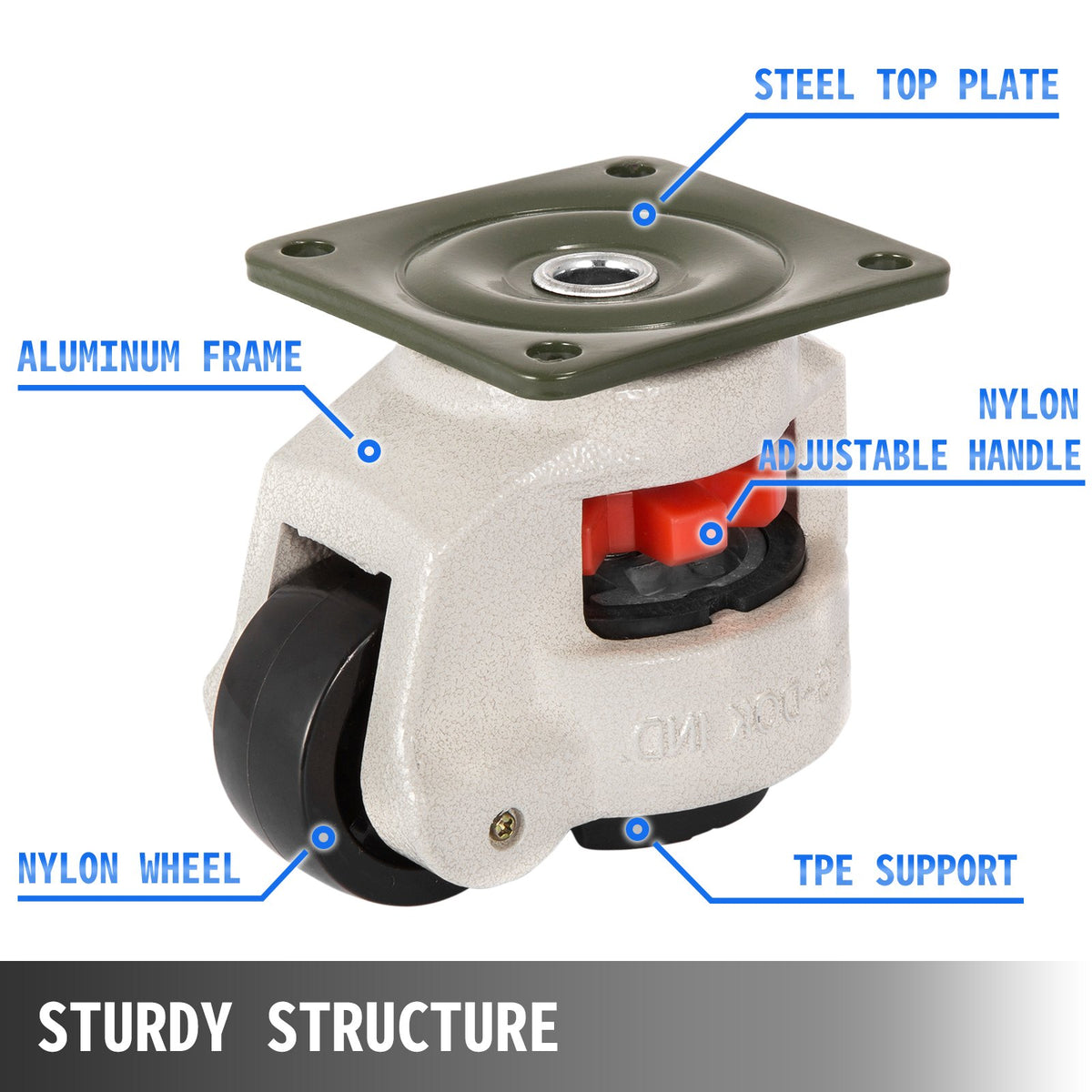 Leveling Casters 4 Pack GD-60F | Plate Mounted | 551kg Load Each | Nylon Wheels with NBR Pad