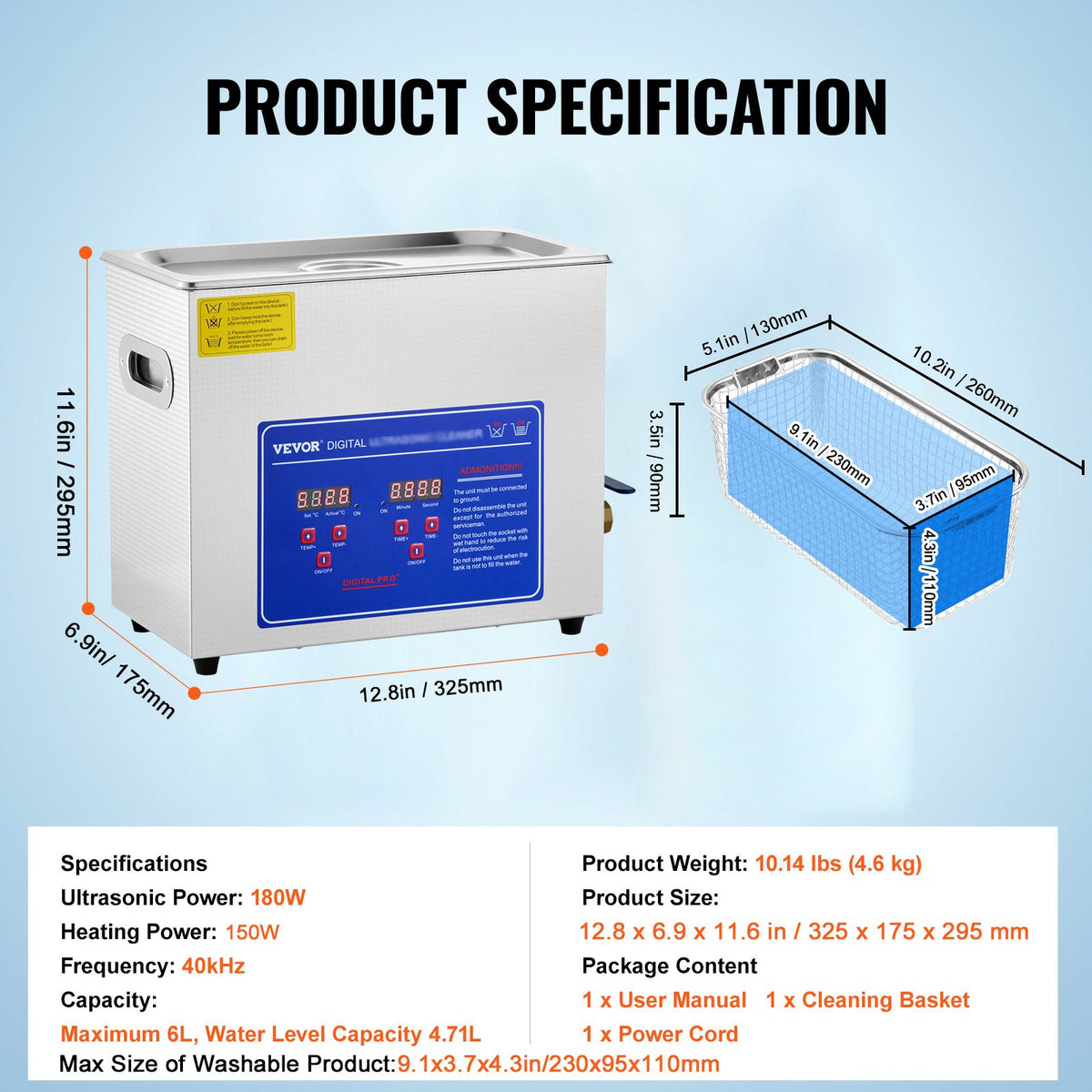 Ultrasonic Cleaner | 6L Stainless Steel Digital with Drain System