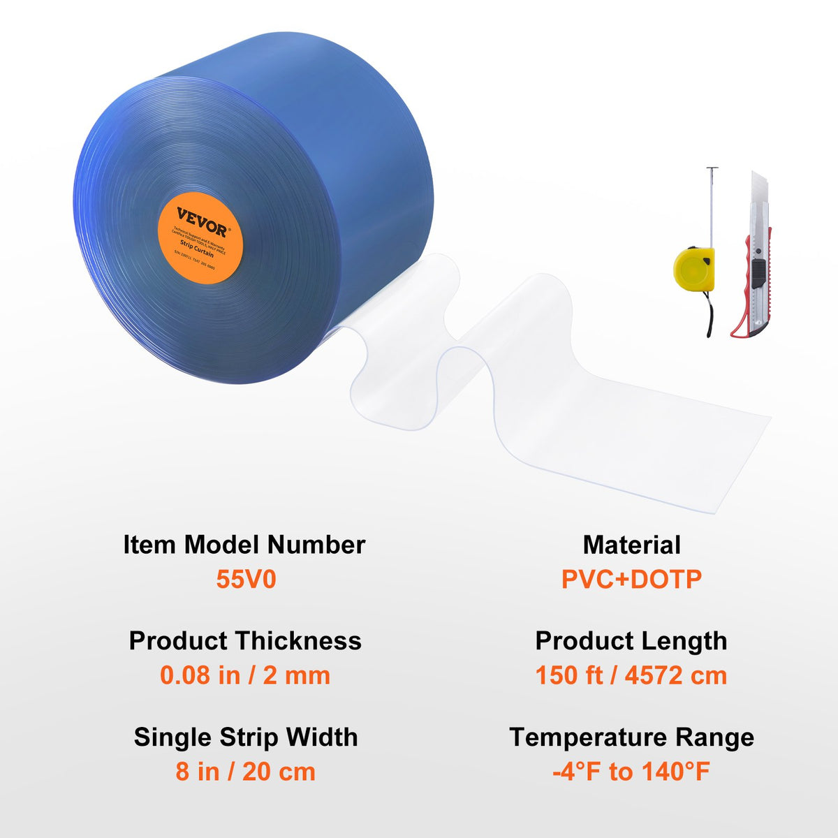 PVC Strip Curtain Roll 150'x8"x0.08" | Clear Smooth Door Strips | For Supermarkets, Garages, Warehouses & Barns