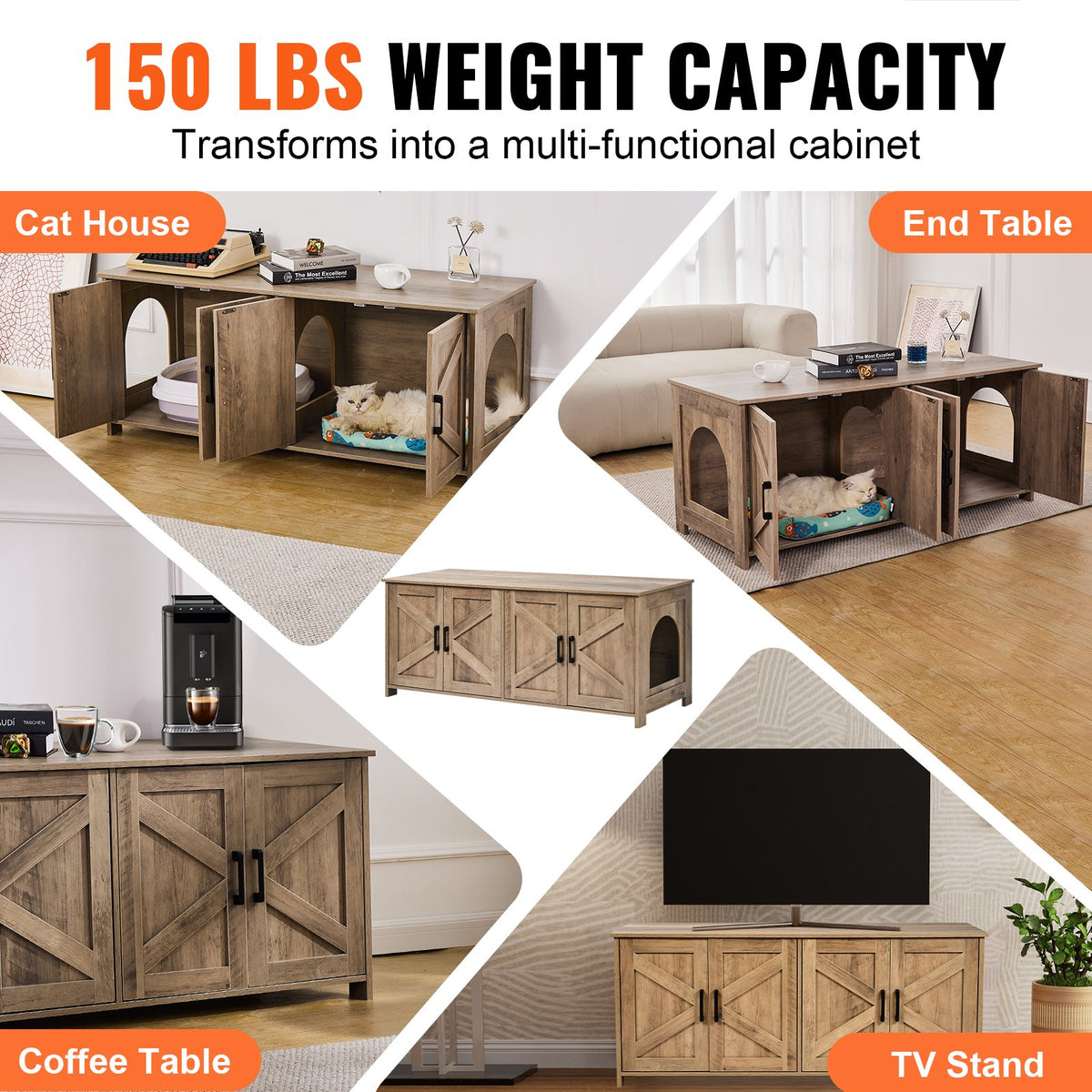 Cat Litter Box Enclosure | 2-Room Wooden Hidden Furniture | Greige