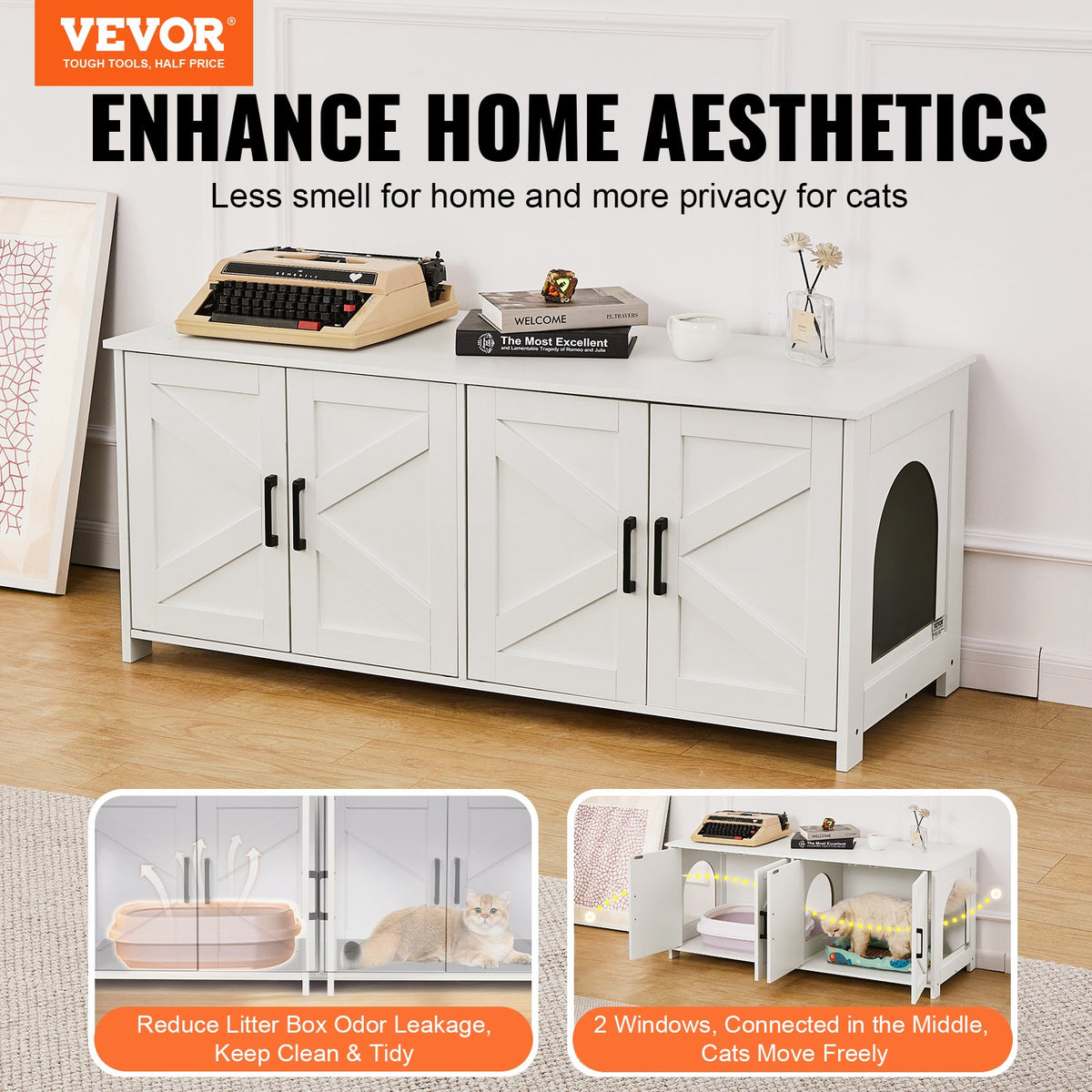 Cat Litter Box Enclosure | 2-Room Wooden Furniture | White