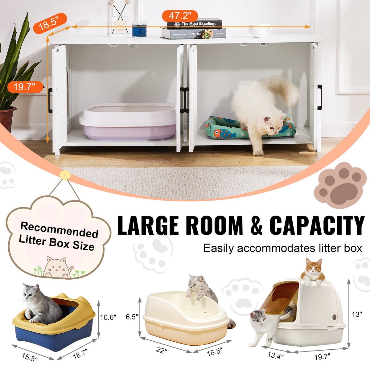Cat Litter Box Enclosure | 2-Room Wooden Furniture | White