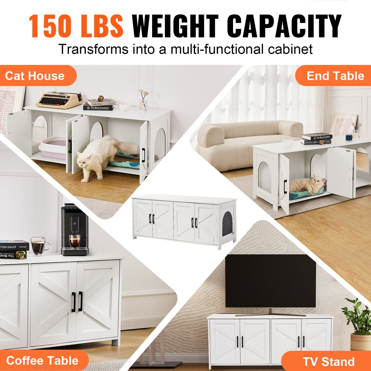 Cat Litter Box Enclosure | 2-Room Wooden Furniture | White