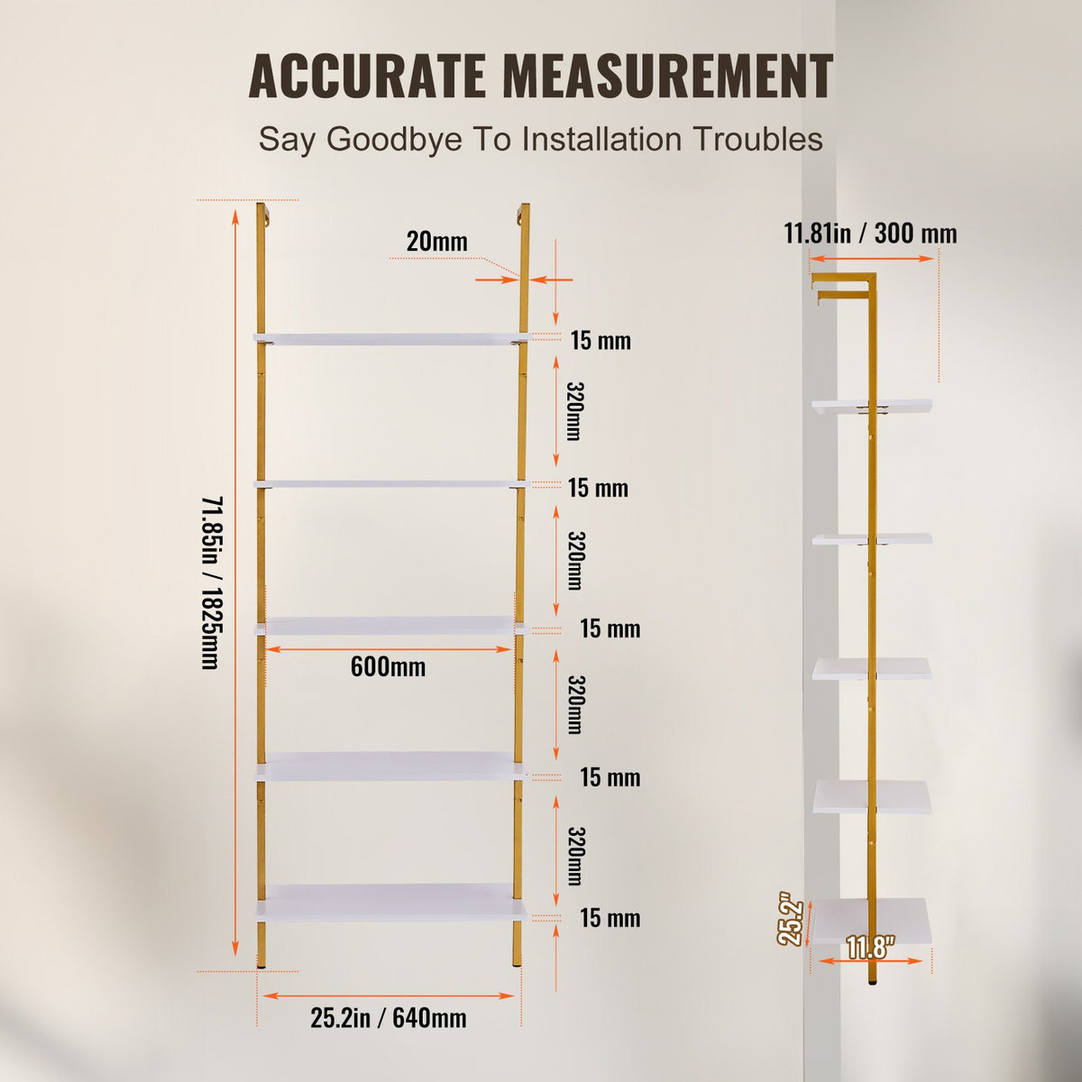 Industrial Pipe Shelf | 5-Tier Wall-Mount | 64x30x182.5cm | Gold/White