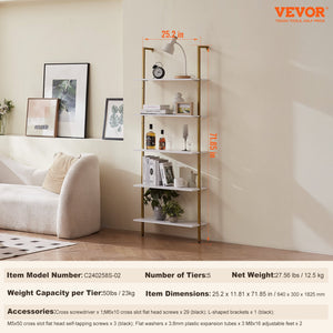 Industrial Pipe Shelf | 5-Tier Wall-Mount | 64x30x182.5cm | Gold/White