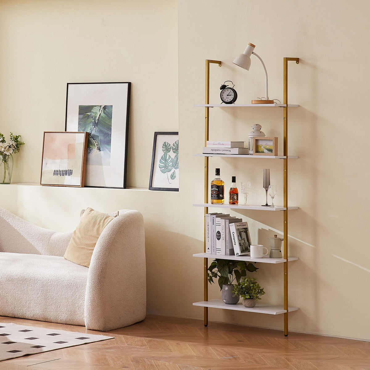 Industrial Pipe Shelf | 5-Tier Wall-Mount | 64x30x182.5cm | Gold/White