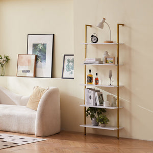 Industrial Pipe Shelf | 5-Tier Wall-Mount | 64x30x182.5cm | Gold/White