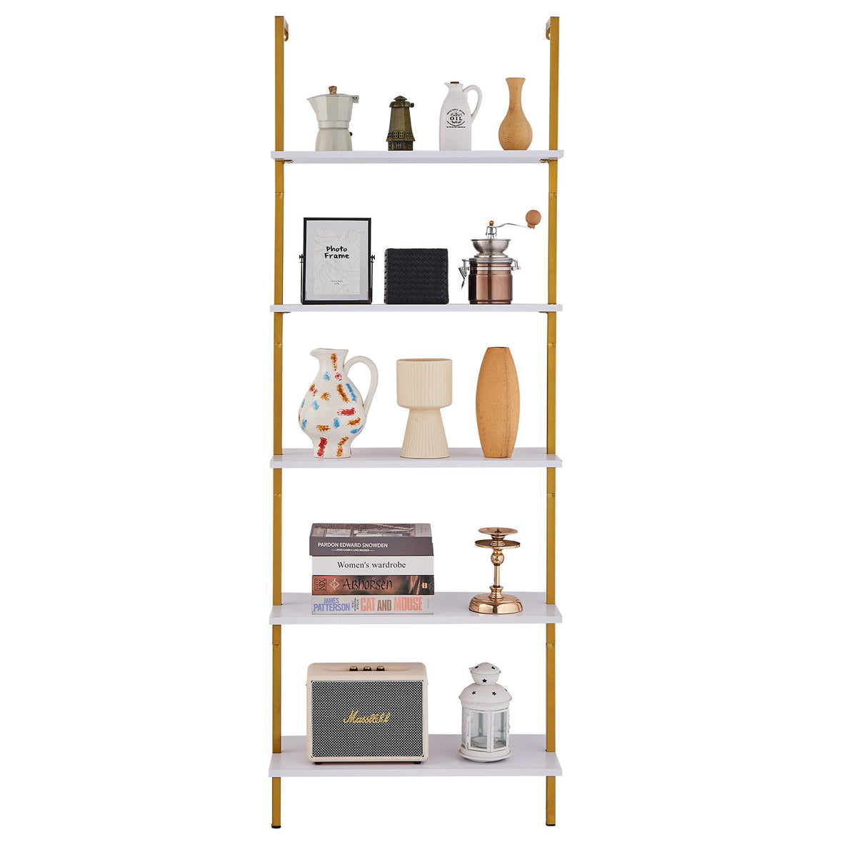 Industrial Pipe Shelf | 5-Tier Wall-Mount | 64x30x182.5cm | Gold/White