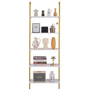 Industrial Pipe Shelf | 5-Tier Wall-Mount | 64x30x182.5cm | Gold/White