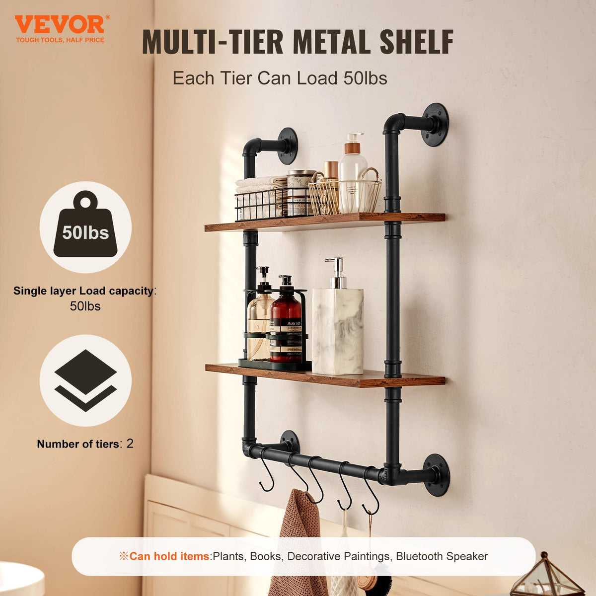 Industrial Pipe Shelf | 2-Tier Wall-Mount | 24x7.87"