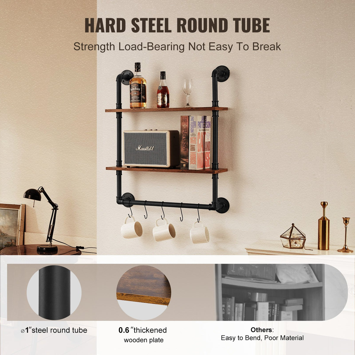 Industrial Pipe Shelf | 2-Tier Wall-Mount | 24x7.87"