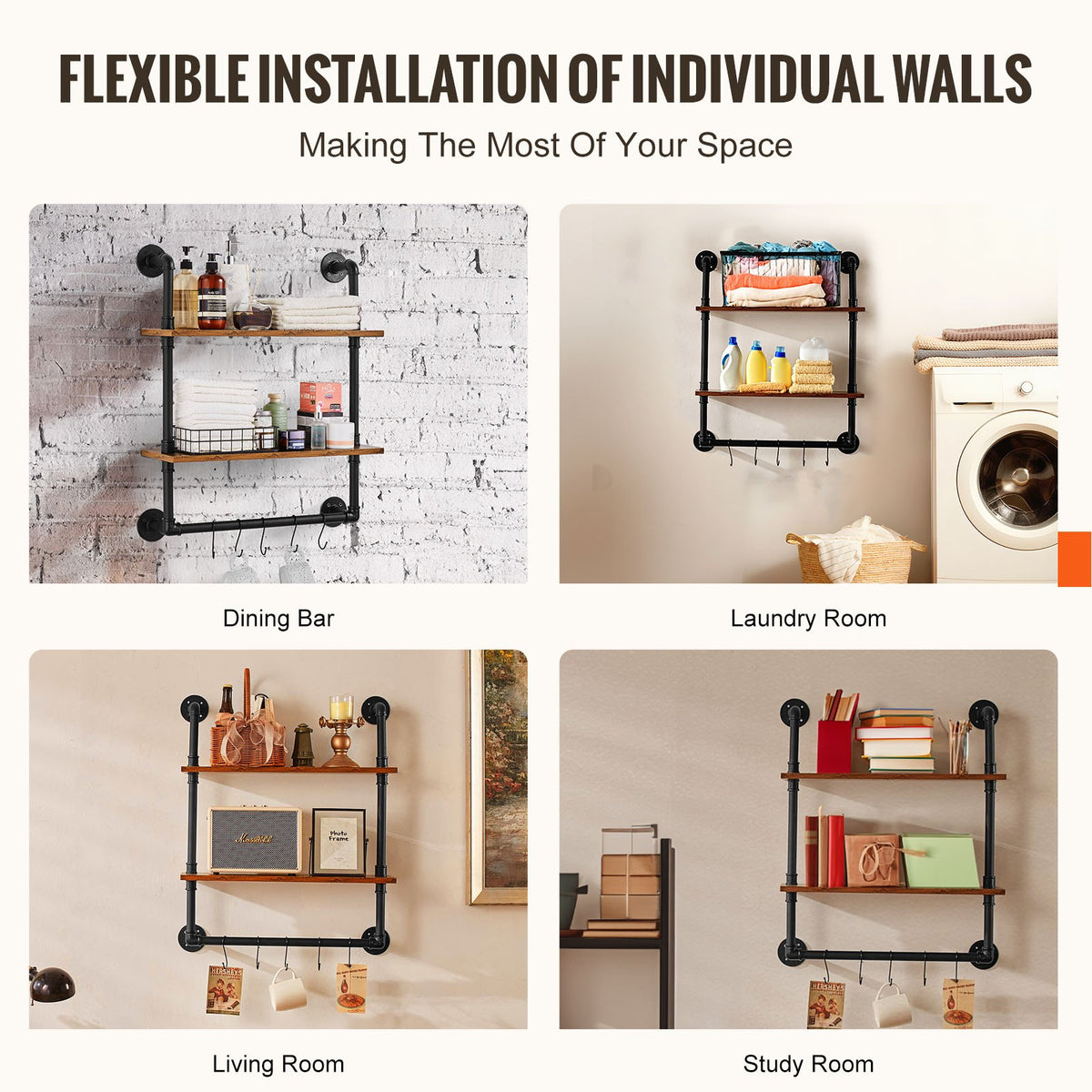 Industrial Pipe Shelf | 2-Tier Wall-Mount | 24x7.87"