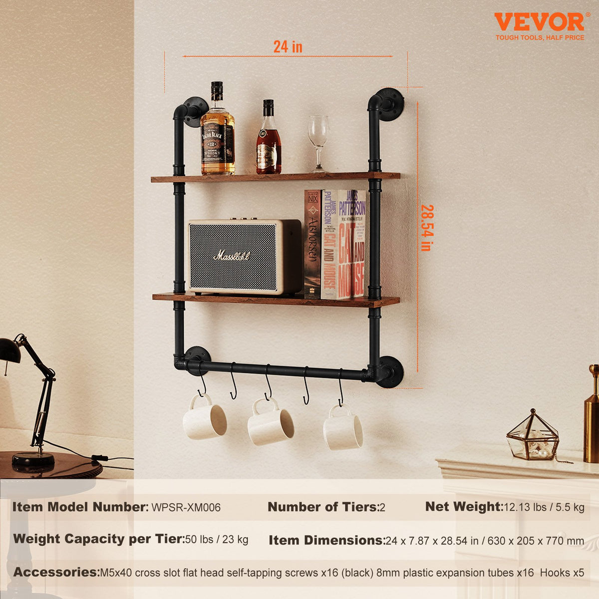 Industrial Pipe Shelf | 2-Tier Wall-Mount | 24x7.87"