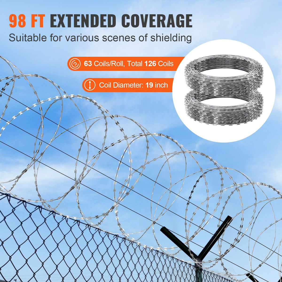 Razor Wire 98FT 2 Rolls | Galvanised Double Spiral Barbed Wire | Garden & Security Fence Razor Ribbon
