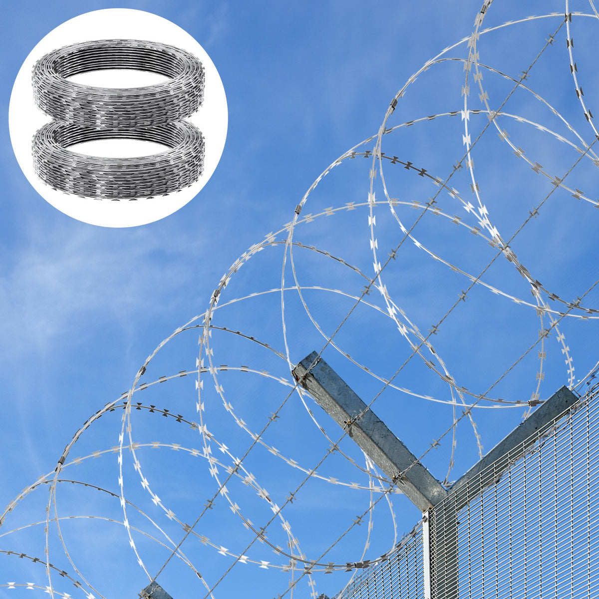 Razor Wire 98FT 2 Rolls | Galvanised Double Spiral Barbed Wire | Garden & Security Fence Razor Ribbon