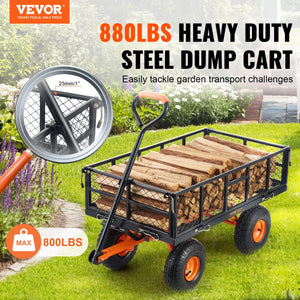 Metal Dump Cart | 399kg Capacity | Convertible Handle | Garden Wheelbarrow with 25.4cm Tires