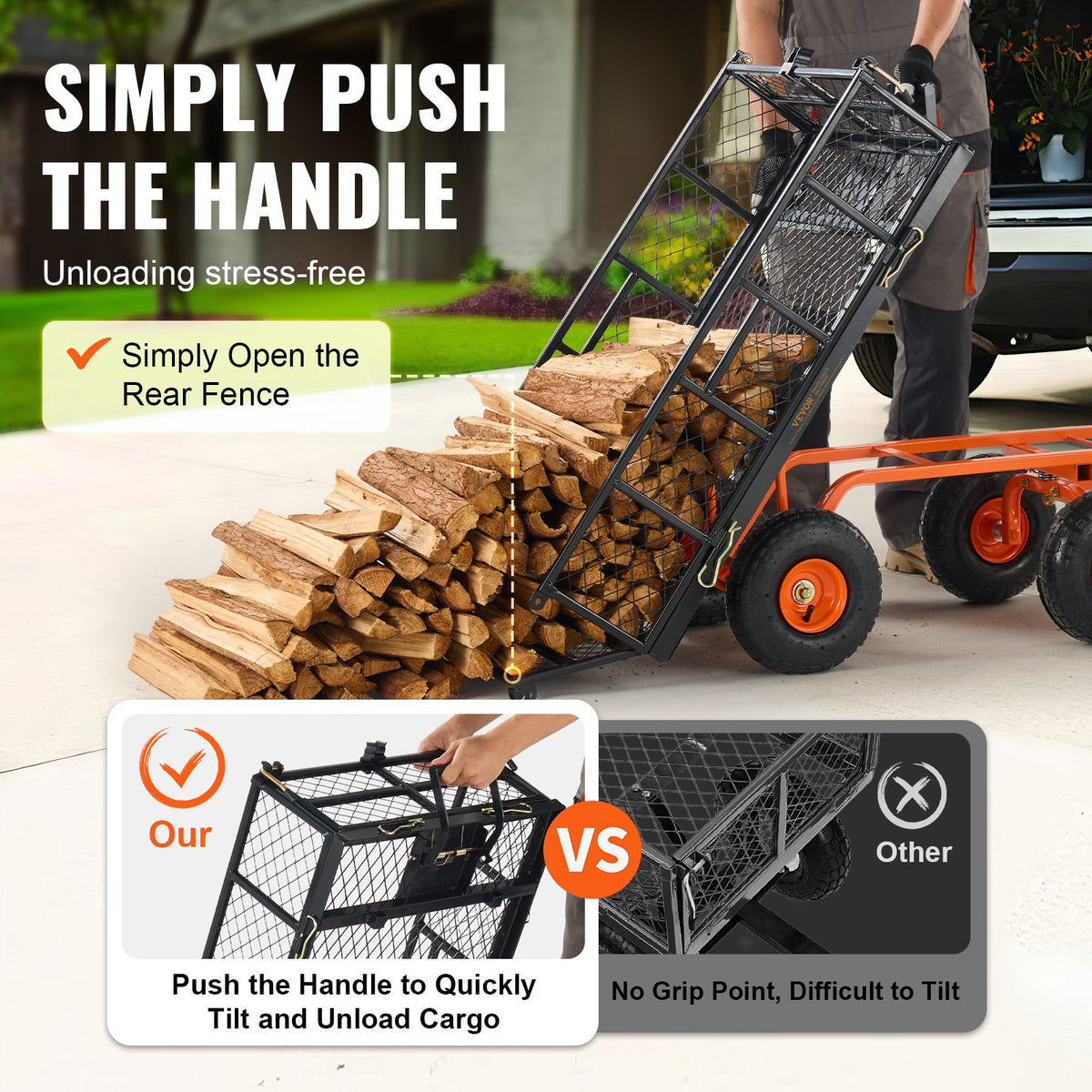 Metal Dump Cart | 399kg Capacity | Convertible Handle | Garden Wheelbarrow with 25.4cm Tires