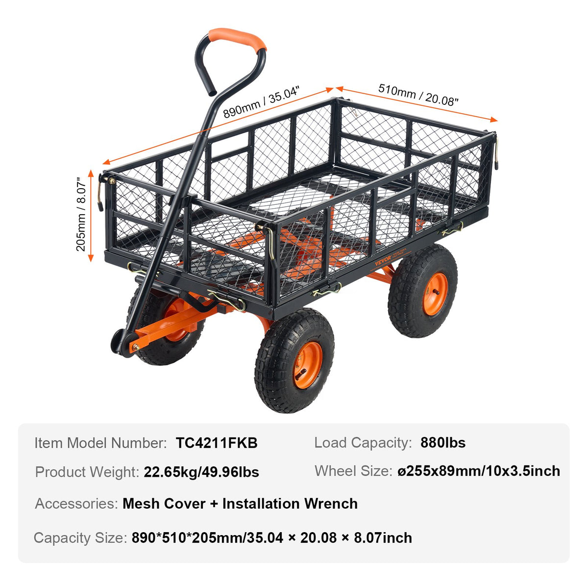 Metal Dump Cart | 399kg Capacity | Convertible Handle | Garden Wheelbarrow with 25.4cm Tires