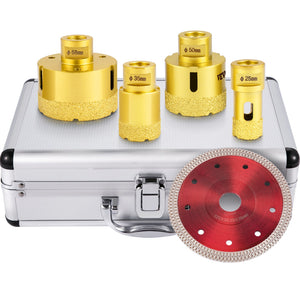 Diamond Drill Bit Set 4 Piece | 25/35/50/68mm Vacuum Brazed Tile Hole Saws with Case