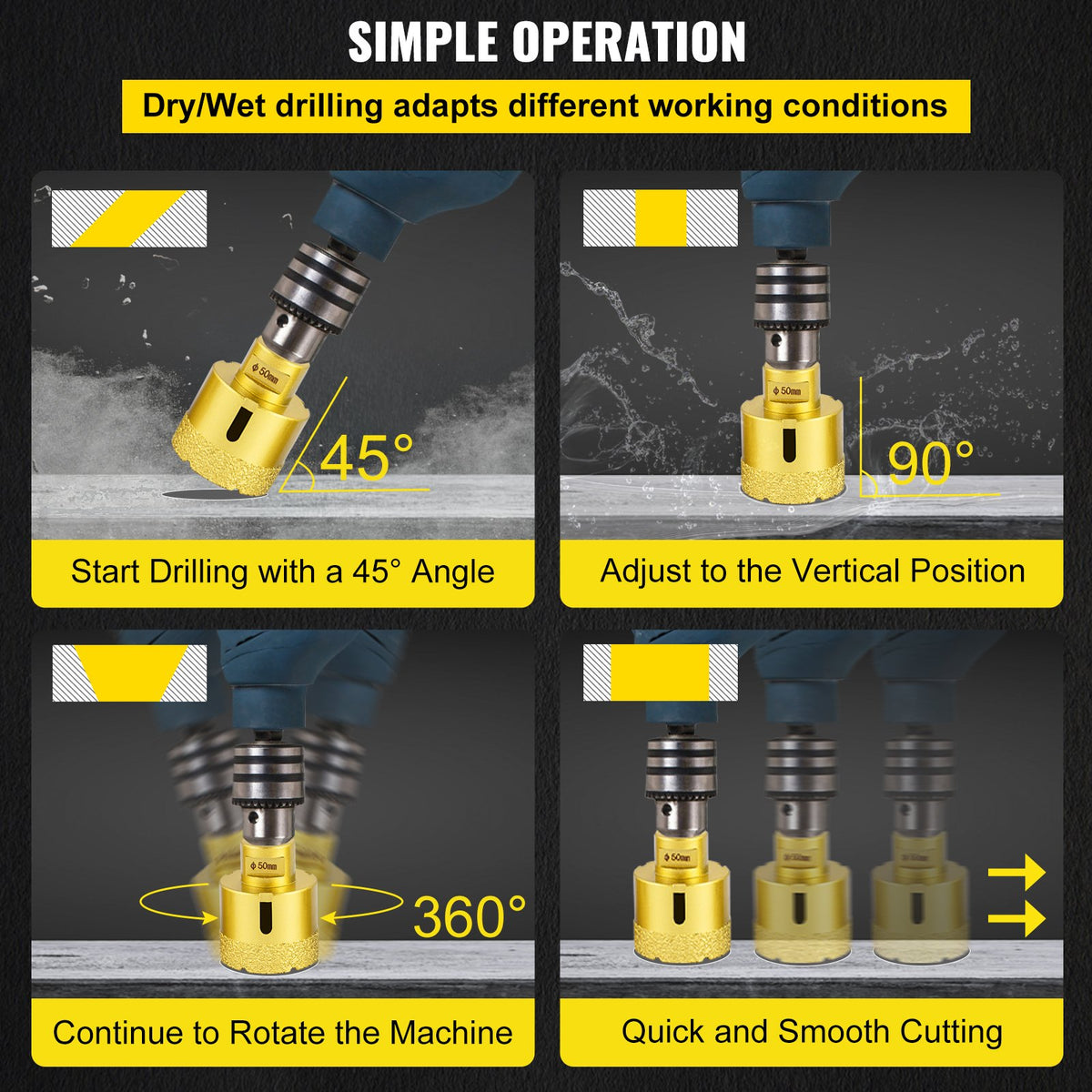 Diamond Drill Bit Set 4 Piece | 25/35/50/68mm Vacuum Brazed Tile Hole Saws with Case