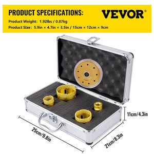 Diamond Drill Bit Set 4 Piece | 25/35/50/68mm Vacuum Brazed Tile Hole Saws with Case